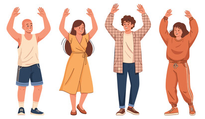 Obraz premium Diverse group of people cheering with raised arms in casual attire