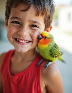 Young boy smiles with his green agaporni bird on his shoulder. They have a strong friendship and share happy moments together in outdoors. Childhood joy and care.
