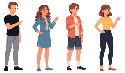Obraz premium Diverse young adults pointing in different directions on white background