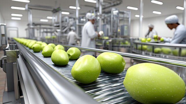 Workers sort green and black olives on a conveyor belt in a factory setting. The olives move through the production line for processing