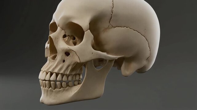 Realistic human skull 3D model animation with accurate bone structure and dental anatomy, isolated on neutral background for medical education, anatomy study, and science visuals.