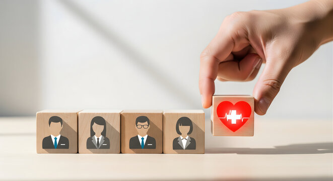 Human hand adding wooden block with heart cross pulse icon to row of business people figurines representing health insurance employee benefits wellness program and corporate medical care coverage