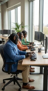 Apes in suits working at office computers by large windows daylight scene