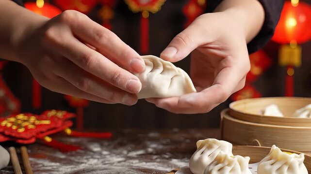 Close-up of skilled hands meticulously preparing traditional Chinese dumplings, carefully filling and folding the delicate dough wrappers, a cherished culinary art often enjoyed during festive celebr.
