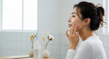 A woman applying skin care products to her skin in the bathroom.