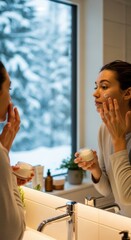 A woman applying skin care products to her skin in the bathroom.