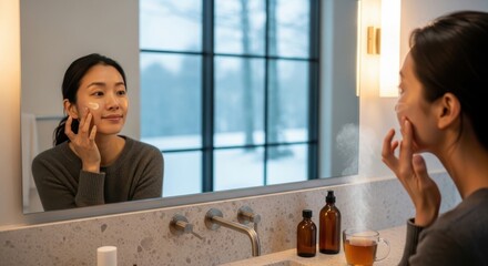 A woman applying skin care products to her skin in the bathroom.