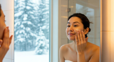 A woman applying skin care products to her skin in the bathroom.