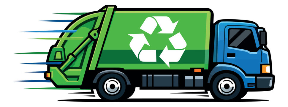 Cartoon style illustration of a recycling truck depicting dynamic motion for waste management and recycling concepts