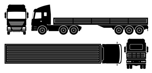 Obraz premium Dropside semi-trailer truck silhouette on white background. Vehicle icons set view from side, front, back and top