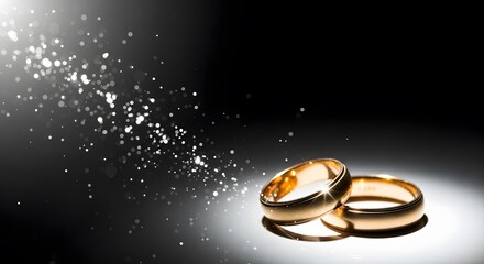 Elegant gold wedding rings with sparkling light on dark background