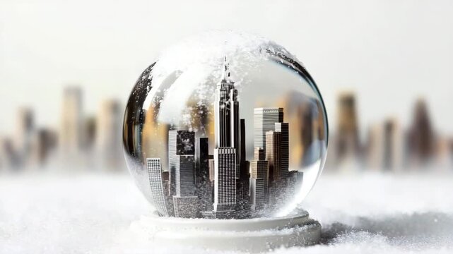 Miniature city skyline encased in glass with snow and skyscrapers creating a winter wonderland effect