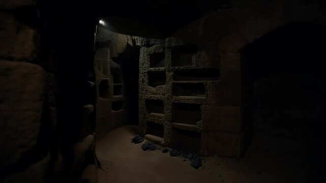 Creepy stone catacombs with tomb niches and dark passageways, mysterious atmosphere