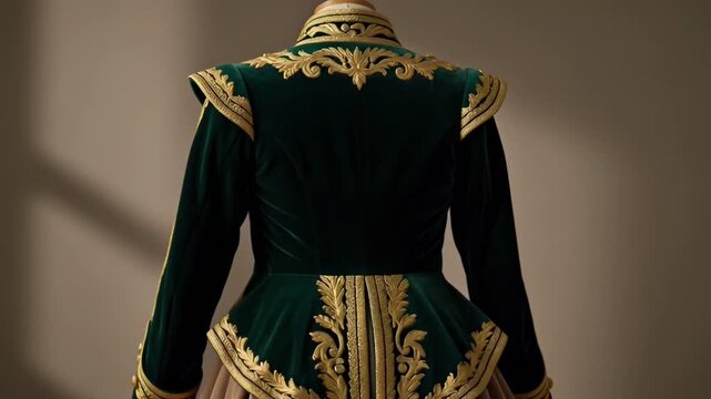 A costume designed for the Venetian Carnival shows rich green and gold colors with ornate patterns and accessories displayed on a mannequin