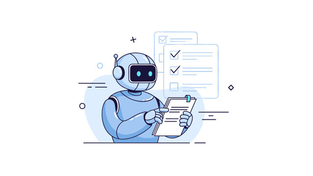 Cute robot holding a checklist with blue digital interface and checkmarks