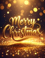 Golden Merry Christmas Greeting with Sparkling Lights and Festive Atmosphere.