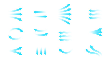 Fototapeta premium Air flow vector set. Blue arrows showing direction of movement and wind stream. Cold fresh air from conditioner. Isolated on white background illustration for climate control and ventilation.