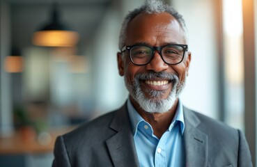Fototapeta premium Smiling middle aged african american businessman wearing glasses and suit. Mature pro man happy face, friendly expression, looking at camera. Confident executive portrait in office.