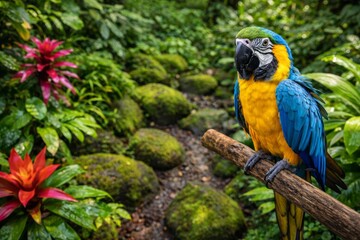 Obraz premium Colorful tropical macaw parrot perching on branch in rainforest