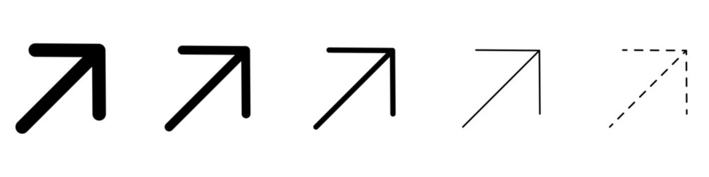 Arrow icon. Diagonal arrow pointing up-right with a right angle: five thickness variations, isolated on a white background. Vector illustration.