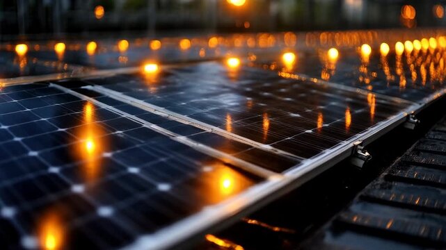Low angle tracking shot across wet solar panels with warm bokeh lights reflecting at dusk