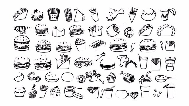 Asian style street food doodle icon pack: noodles and sushi. Hand-drawn animated elements. 4K loop with alpha channel.