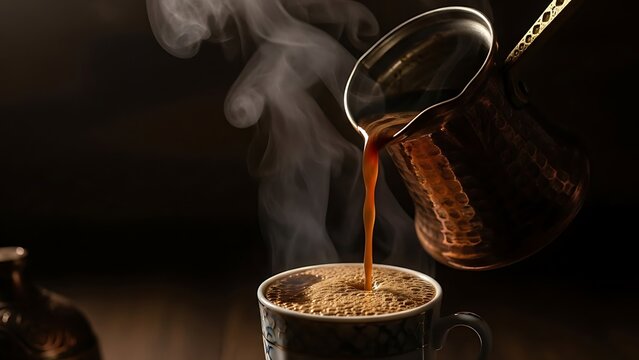 Pouring hot turkish coffee from a cezve into a cup
