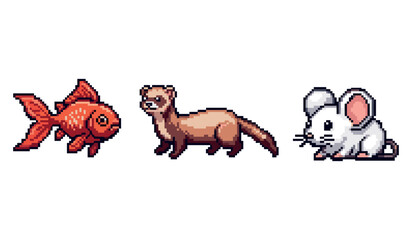 Obraz premium Pixel art creatures: goldfish, ferret, and mouse on white background