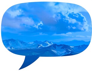 Mountain range landscape with blue sky and clouds in a speech bubble.