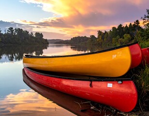 Canoes on the Shore at Sunset - A Peaceful River Scene.