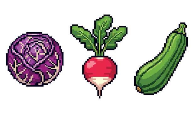 Pixel art vegetables: purple cabbage, radish, zucchini