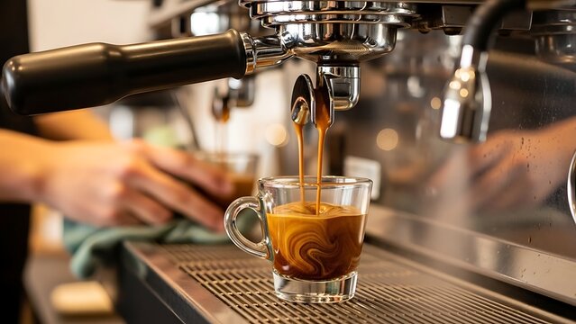 Espresso machine brewing rich coffee into clear glass cup, creating beautiful crema swirls