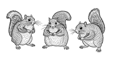 Fototapeta premium Detailed black and white illustration of three squirrels with bushy tails