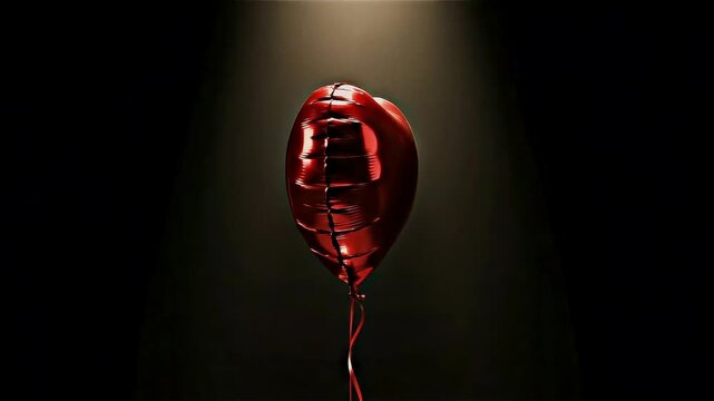 Glossy red heart balloon floating in dark spotlight background with dramatic lighting, romantic valentine love concept, minimal design, luxury 3D render, elegant celebration decoration with copy space