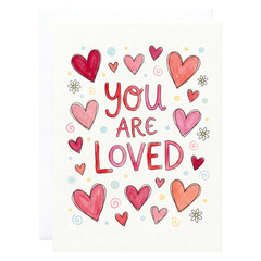 You Are Loved hand-lettered watercolor illustration with hearts on a white background, perfect for cards, posters, and positive messages