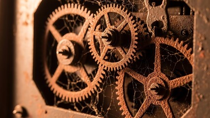 Fototapeta premium Rusty old clockwork gear mechanism closeup.