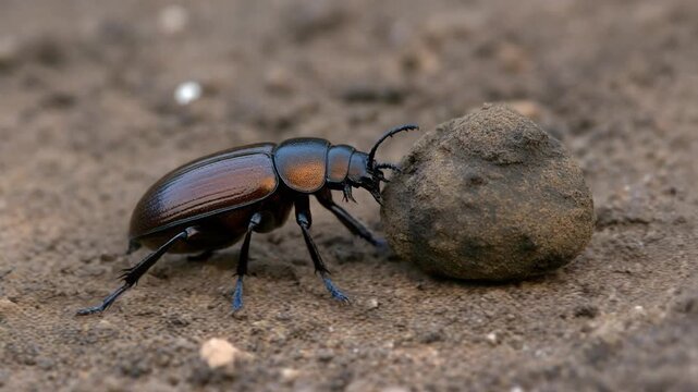 Dedicated Dung Beetle Rolling a Ball of Dung on the Ground in Natural Habitat