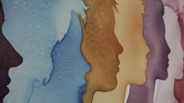 Watercolor silhouettes of diverse human profiles in warm and cool tones