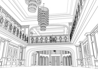 Obraz premium A grand mansion lobby features a chandelier, detailed railings, and furnished doors in an elegant black and white contour drawing.