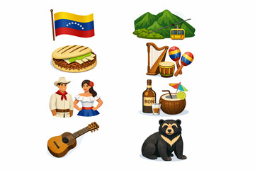 Fototapeta premium Venezuelan Cultural Elements Vector Illustration – Eight Icons in Clean Vertical Columns