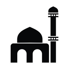 Stylized mosque silhouette with dome and tall minaret, elegant black graphic representing islamic worship place for cultural and religious themes