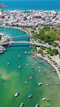 Scenic River At Cabo Frio Rio De Janeiro Brazil. Turquoise Ocean Waves Gently Crashing On Tropical Beach. Shore Sky Clouds Beach Sea. Shore Beach Panorama. Cabo Frio Rio de Janeiro.