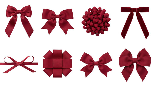 Burgundy red ribbon bows set including satin, grosgrain, velvet, rosette, and thin fabric styles isolated. Gift wrapping and festive holiday ornament collection.