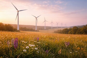 Multiple wind turbines stand in a green field with wildflowers under soft daylight, symbolizing harmony between clean energy and nature, wide landscape with space for text