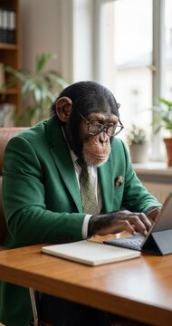 Primate in professional attire working on digital tablet indoors