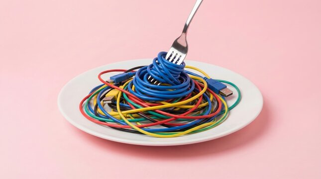 Plate of colorful wire cables looking like spaghetti pasta