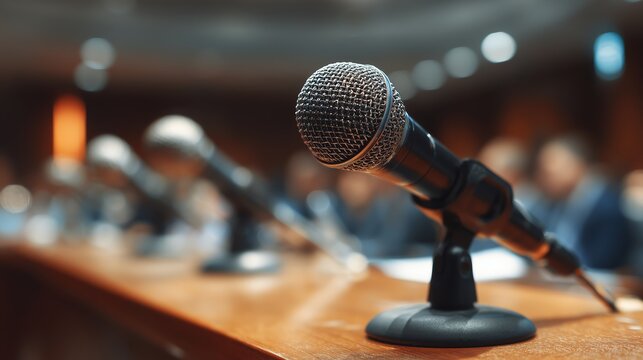 Row of microphones on a wooden table in a conference room, ready for speakers