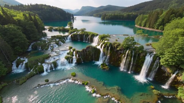 Aerial view of Huangtengxia waterfall landscape with turquoise lake and lush greenery in China