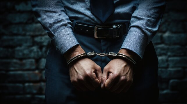 Man in suit with hands cuffed behind his back against a brick wall