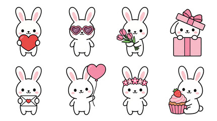 Obraz premium Cute white bunny set including rabbit holding heart, sunglasses, tulips, gift, letter, balloon, crown, and cupcake isolated. Kawaii character collection for Valentine's Day.